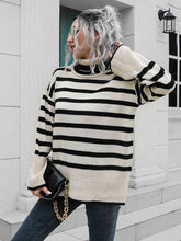 Load image into Gallery viewer, Womens Sweater-Striped Slit Turtleneck Drop Shoulder Sweater

