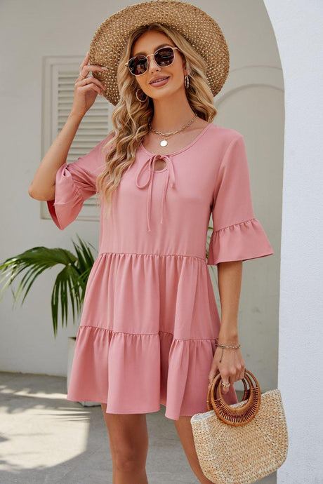 Womens Mini Dress-Tied Flounce Sleeve Mini Dress | Dresses