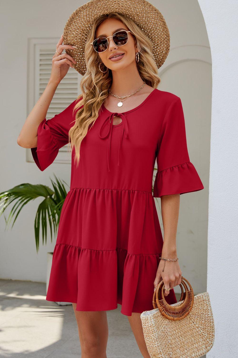 Womens Mini Dress-Tied Flounce Sleeve Mini Dress | Dresses