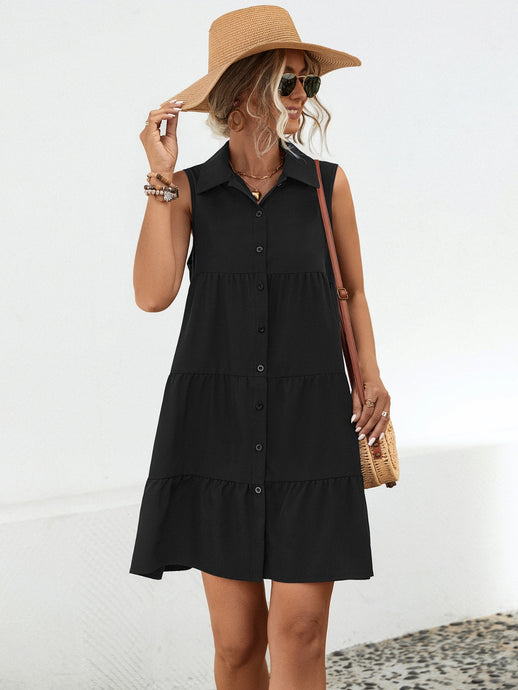 Womens Mini Dress-Button Up Sleeveless Mini Dress | Dress